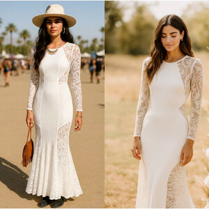 Vintage y2k Bebe XS Stretch Lace Maxi Dress Long Sleeve Bodycon Boho Wedding